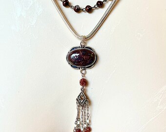 Handmade Jasper, silver, vintage beads and bits, silver chain Art Deco necklace