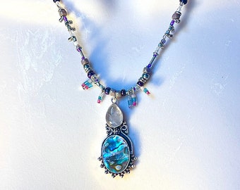 Handmade Abalone, silver,  moonstone detailed beaded necklace