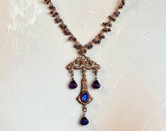 Handmade Old brass stamping, amethyst, glass and gold Victorian necklace