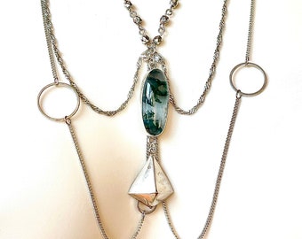 Handmade eclectic unique chain and moss agate and silver repurposed draped necklace