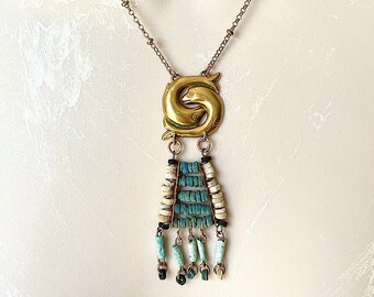Handmade Etruscan fish, Egyptian revival, tribal unique necklace