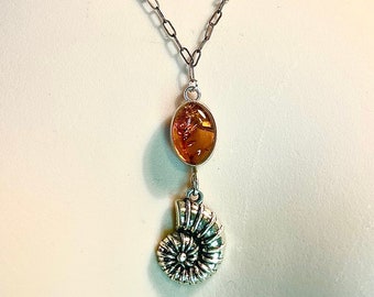 Handmade silver shell / silver fossil amber and glass necklace