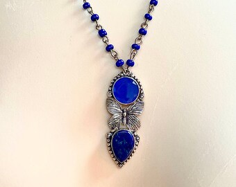 Handmade lapis, silver, rosary bead necklace with Butterflies