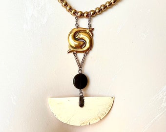 Handmade Very old bone pendant, Etruscan fish element, ball chain Art Deco necklace