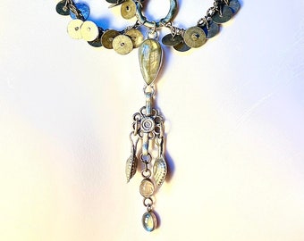 Handmade Boho  / Medieval/ tribal /steampunk labradorite, crystal, Afghani silver and brass necklace