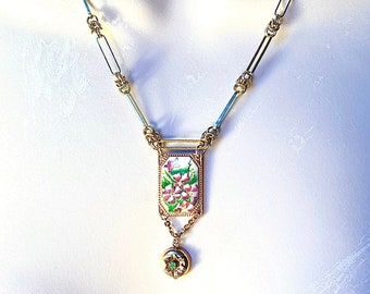 Handmade artistic chain, enamel flower and gold, brass and jade and emerald repurposed necklace