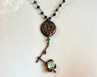 Handmade Judaica, Star of David, Jewish star, flower, Islamic Morocco copper Coin from 1264, brass stamping, emerald rosary necklace