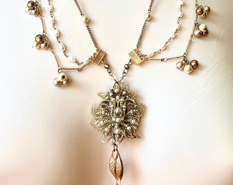 Handmade vintage beadwork, pearl, gold, chains, wedding, Victorian, artsy necklace