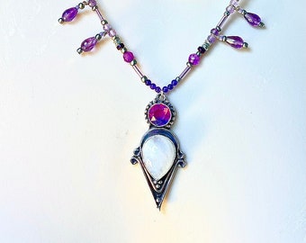 Handmade Amethyst, moonstone and silver necklace.