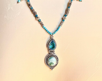 Handmade East Indian Larimar Blue topaz, turquoise and silver necklace