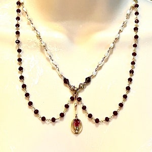 Handmade Art Deco  repurposed gold, pearl and ruby, fresh water pearls, old rosary beads garnet and gold rosary and gold necklace.