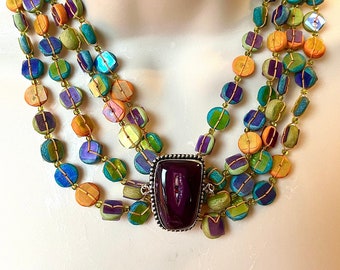 Handmade upcycled amethyst, clay, silver and plastic, Boho, colorful necklace