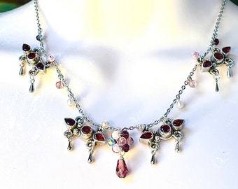 Handmade Garnet and silver Victorian, eclectic necklace