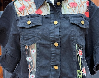 Zwart denim jeansjack kant tule bloemen bloemen handgemaakt groot L