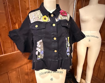 Zwart denim jeansjack kant tule bloemen bloemen handgemaakt groot L