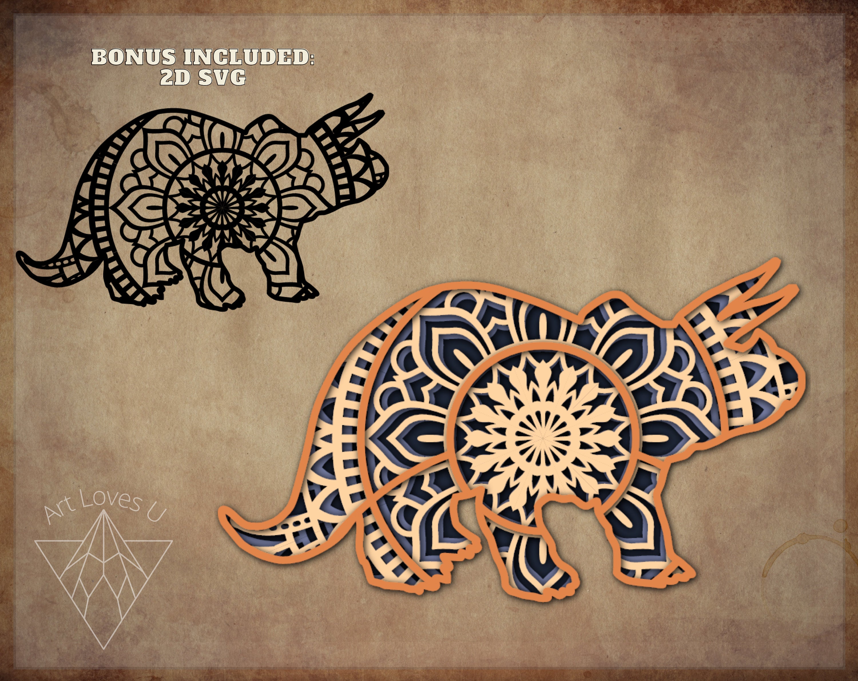 Download 3D Triceratops Dinosaur Mandala SVG files for Glowforge Laser | Etsy