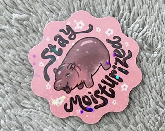 May include: Pink and white sticker with a cartoon hippopotamus and the text "Stay Moisturized".