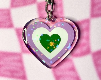 Pride Genderqueer Flag Heart Keychain - Pride Merch Queer Key Chain Charm Rainbow Flag LGBTQ Gift, Pride Month Charm Gift, Queer Keychains.