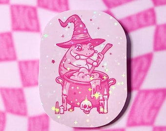 Holographic Witchy Frog Sticker | Spooky Cute Pink Frog Witch | Sparkly Magical Cauldron Sticker | Pastel Goth Halloween Frog Decal