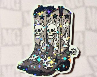 Y’allternative Cowboy Boots Sticker | Western Skull Flame Boots Art | Grayscale Country Gothic Sticker | Americana Cowgirl Laptop Decor