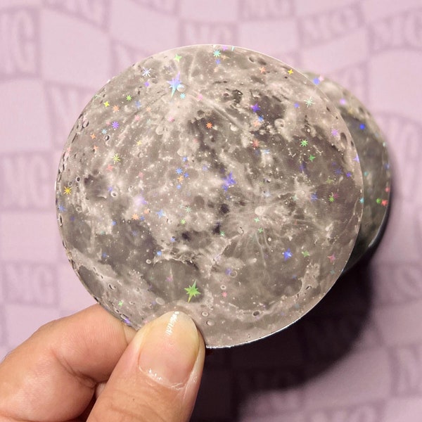 Pegatina holográfica brillante de luna - Pegatina realista de fase lunar llena para portátil, botella de agua, pegatina estética celestial