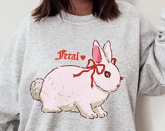 Feral Bunny Sweatshirt | Cute Pastel Bunny Crewneck | Kawaii Cottagecore Pullover | Cozy Winter Holiday Gift |Soft Aesthetic Sweater