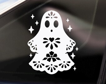 Ghostie Papel Picado Car Decal - Ghost Car Accessories, Hispanic Heritage Fantasma, Spooky Dia De Los Muertos Decals