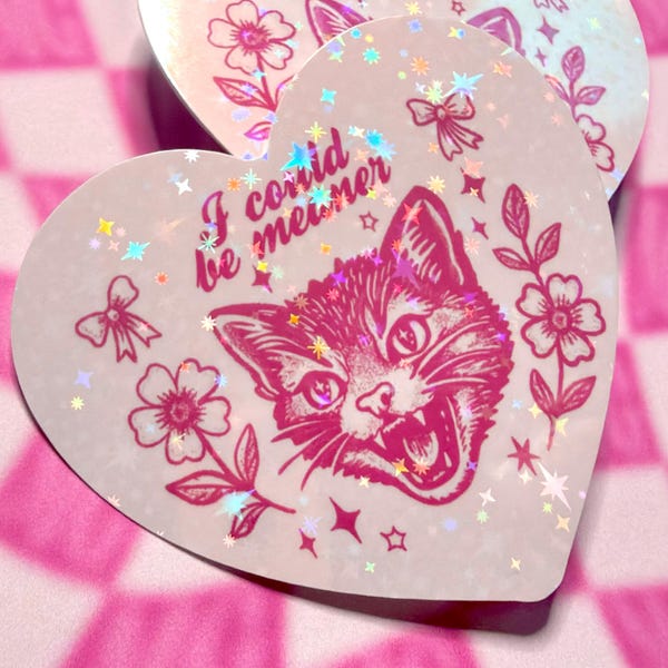 Sticker Je pourrais être méchant - Art holographique de tatouage de coeur de chaton, meme de chat girly sauvage, autocollants drôles de vinyle de Coquette