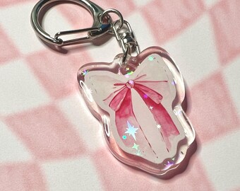 Pink Coquette Bow Keychain | Mini Holo Sparkle Ribbon Acrylic Girly Car Stuff Valentine's Day Gift | For Her | Girlfriend | Cute Gift