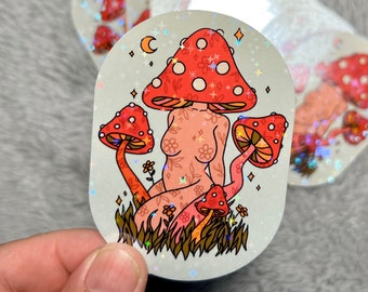 Mushroom Woman Sticker - Holographic Sparkle Stickers, Mushroom Stickers, Feminist Art Sticker Nature Cottagecore Laptop Waterbottle Sticker