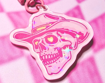 Pink Cowboy Skull Keychain - Holographic Cowgirl Bag Charm Key Chain