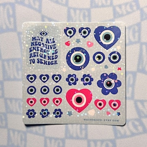 Evil Eye Sticker Sheet - Holographic Sparkle Stickers, Journal, Planner, Laptop Sticker Pink Evil Eyes Stickers Mal De Ojo Stickers