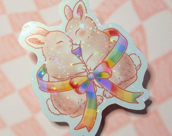 Rainbow Bunny Sticker Holographic Vinyl Decal, LGBTQ Pride Rabbit Sticker, Cute Animal Laptop Water Bottle Sticker