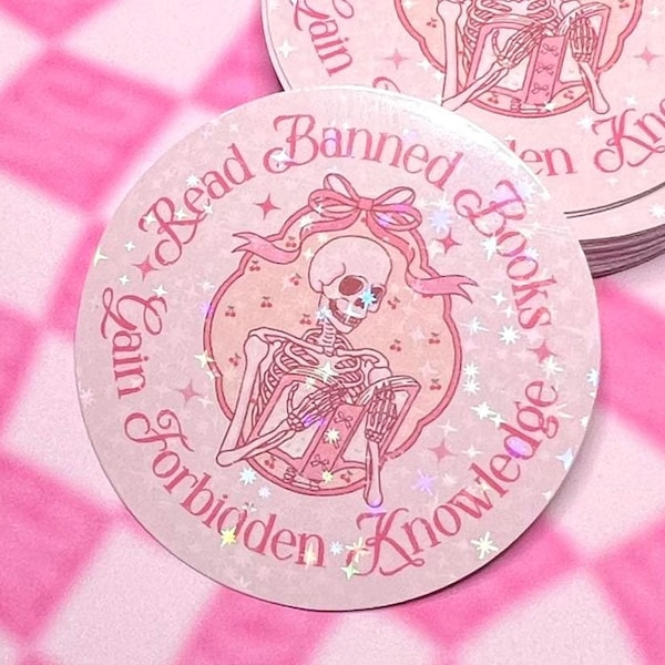 Sticker livres interdits - Coquette de chewing-gum rose holographique scintillant, autocollant mème esthétique, féministe libérale, livre Girly, autocollant Kindle