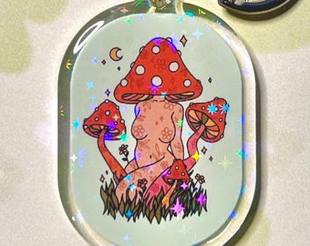 Mushroom Woman Holo Keychain - Holographic Sparkle Acrylic Keychains Sapphic Feminist Art, Cottagecore Aesthetic Bag Charm, Mushrooms Gift