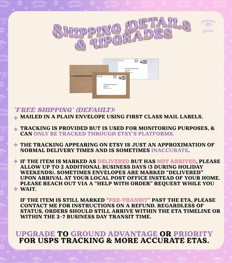 May include: An informational graphic titled SHIPPING DETAILS & UPGRADES with purple text on a light background. It displays two brown envelopes with white mailing labels and QR codes, followed by bulleted text explaining tracking and delivery.