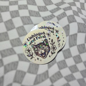 Cute meme cat vinyl sticker with sparkle holographic finish and feral quote.