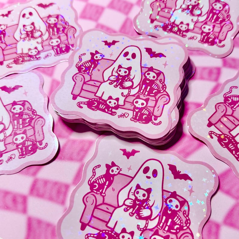 Cute spooky ghost and skeleton cats holographic stickers, perfect for Halloween and feral cat lovers.