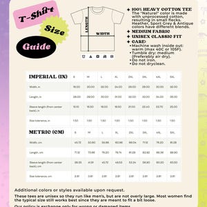 K&ouml;nnte beinhalten: Eine Gr&ouml;&szlig;entabelle f&uuml;r ein T-Shirt aus 100% schwerer Baumwolle. Die Tabelle zeigt die Ma&szlig;e in Zoll und Zentimetern f&uuml;r verschiedene Gr&ouml;&szlig;en, darunter S, M, L, XL, 2XL, 3XL, 4XL und 5XL. Die Tabelle enth&auml;lt auch Informationen &uuml;ber den Stoff, die Pflegehinweise und die Passform. Der Text "100% HEAVY COTTON TEE" und "UNISEX CLASSIC FIT" ist auf dem Bild zu sehen.