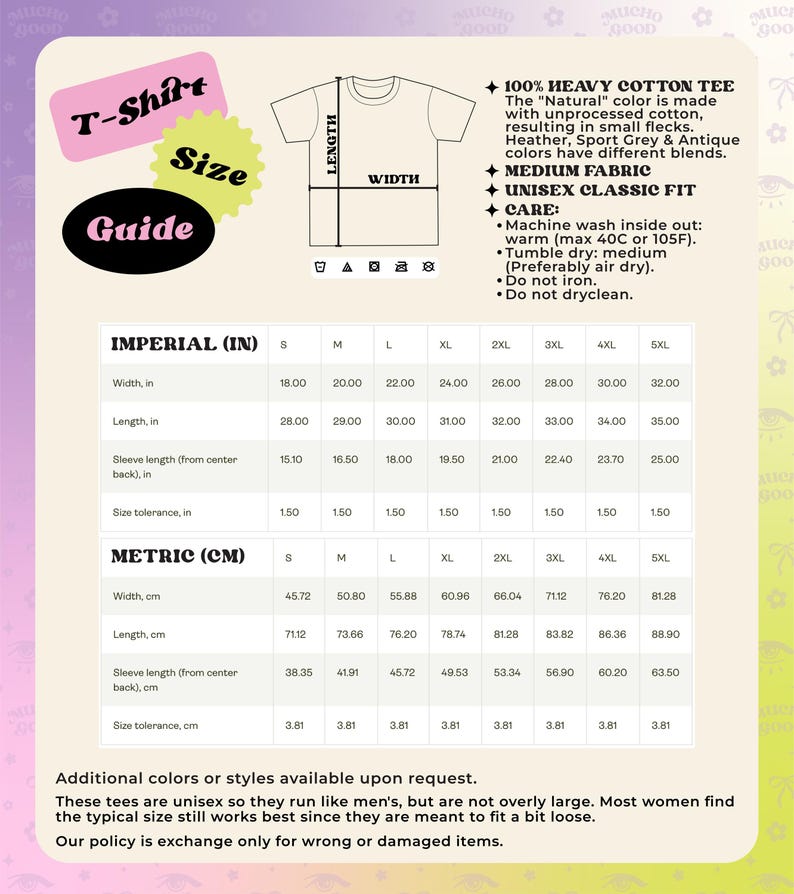 K&ouml;nnte beinhalten: Eine Gr&ouml;&szlig;entabelle f&uuml;r ein T-Shirt aus 100% schwerer Baumwolle. Die Tabelle zeigt die Ma&szlig;e in Zoll und Zentimetern f&uuml;r verschiedene Gr&ouml;&szlig;en, darunter S, M, L, XL, 2XL, 3XL, 4XL und 5XL. Die Tabelle enth&auml;lt auch Informationen &uuml;ber den Stoff, die Pflegehinweise und die Passform. Der Text "100% HEAVY COTTON TEE" und "UNISEX CLASSIC FIT" ist auf dem Bild zu sehen.