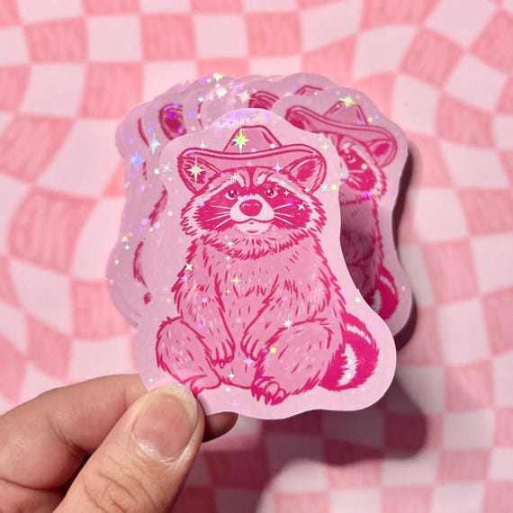 Raccoon Cowboy Sticker - Pink Trash Panda Stickers Dollcore Aesthetic Water Bottle Laptop Tumbler Holographic Sparkle Sticker