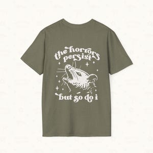 Back flat lay of Possum Tee in Heather Military Green.