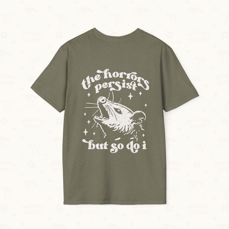 Back flat lay of Possum Tee in Heather Military Green.