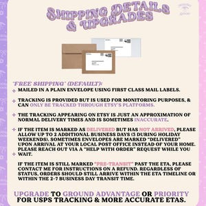 May include: An informational graphic titled SHIPPING DETAILS & UPGRADES with purple text on a light background. It displays two brown envelopes with white mailing labels and QR codes, followed by bulleted text explaining tracking and delivery.