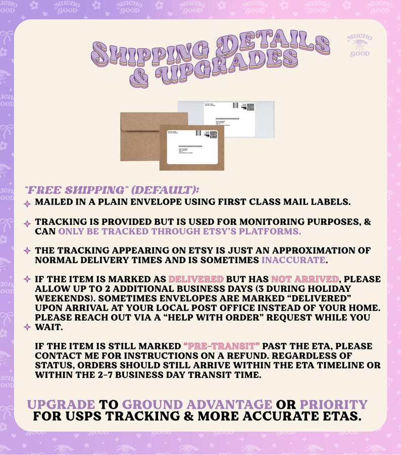 May include: An informational graphic titled SHIPPING DETAILS & UPGRADES with purple text on a light background. It displays two brown envelopes with white mailing labels and QR codes, followed by bulleted text explaining tracking and delivery.