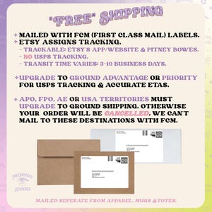 May include: A graphic with the text "FREE SHIPPING" and details about shipping methods, including FCM labels and Etsy tracking. It also shows brown and white envelopes and a brown card.