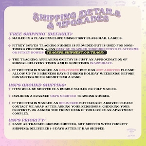 May include: A white and pink graphic with the text "Shipping Details & Upgrades" in black. The graphic lists different shipping options, including "Free Shipping", "USPS Ground Shipping", and "USPS Priority".