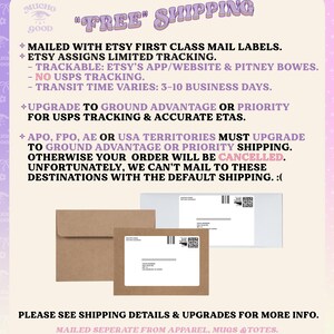 May include: A light beige informational graphic featuring purple and black text regarding shipping policies, including the phrase FREE SHIPPING. Below the text are two brown paper envelopes and one white envelope, each with a shipping label attached.