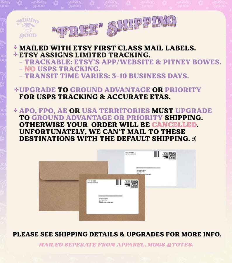 May include: A light beige informational graphic featuring purple and black text regarding shipping policies, including the phrase FREE SHIPPING. Below the text are two brown paper envelopes and one white envelope, each with a shipping label attached.