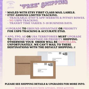 May include: A light beige informational graphic featuring purple and black text regarding shipping policies, including the phrase FREE SHIPPING. Below the text are two brown paper envelopes and one white envelope, each with a shipping label attached.